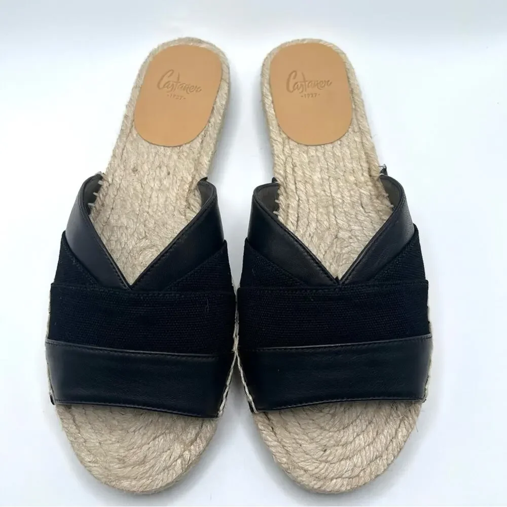 Castañer Pasi Black Leather Espadrille Slides Flat Sandals Size 5 Summer Chic